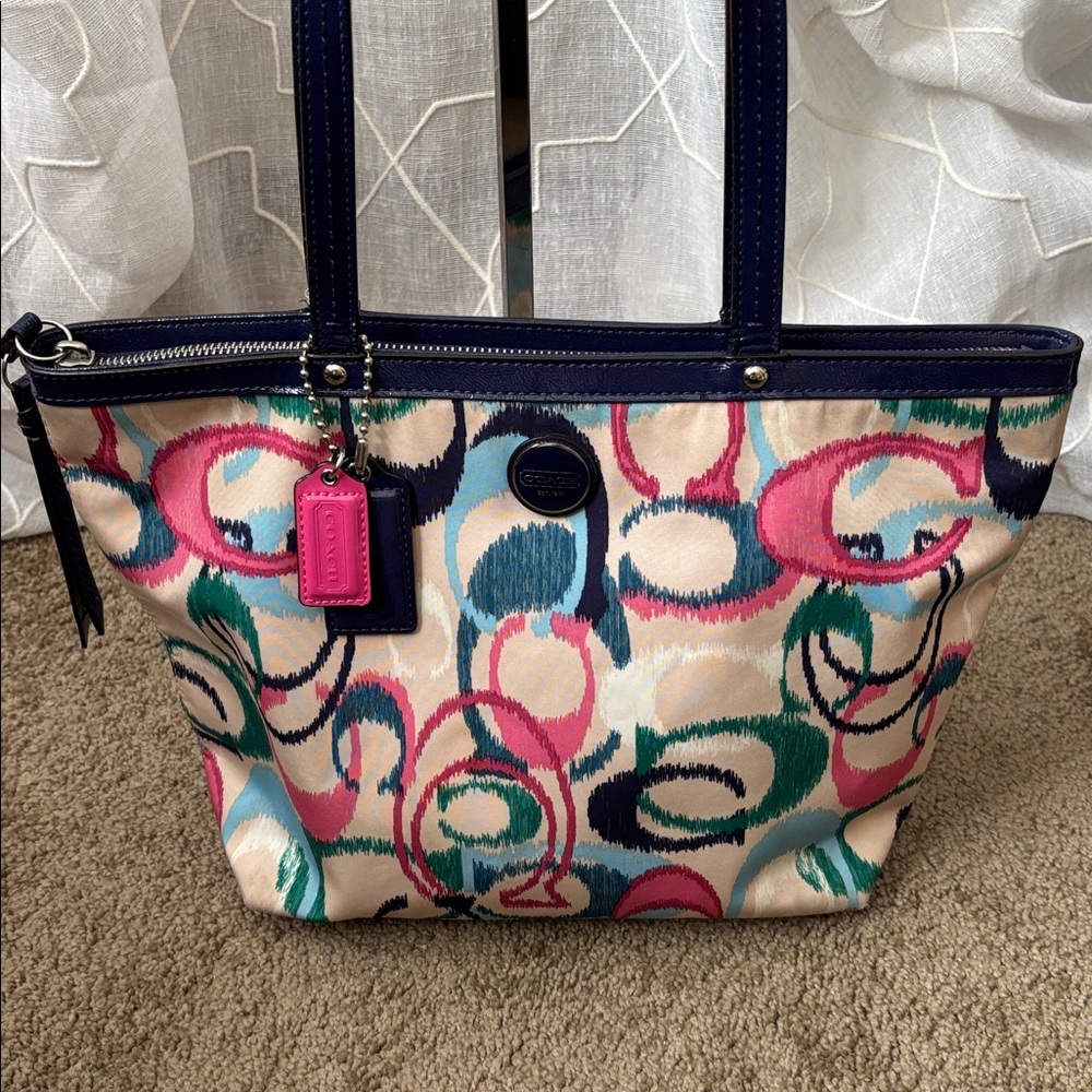 Coach IKAT Scribble Print Fabric Tote With Navy Blue Trim & Handles